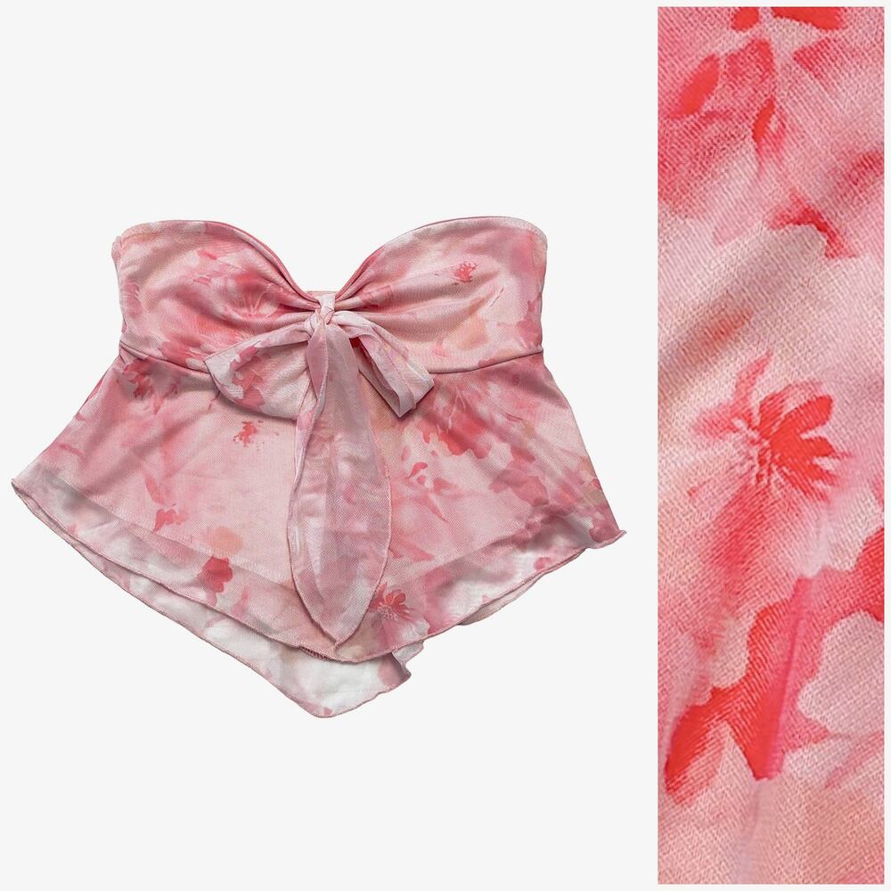 Joocy Babi Strapless Babydoll Tube Top XS Pink Floral Mesh Coquette Fairy Bow